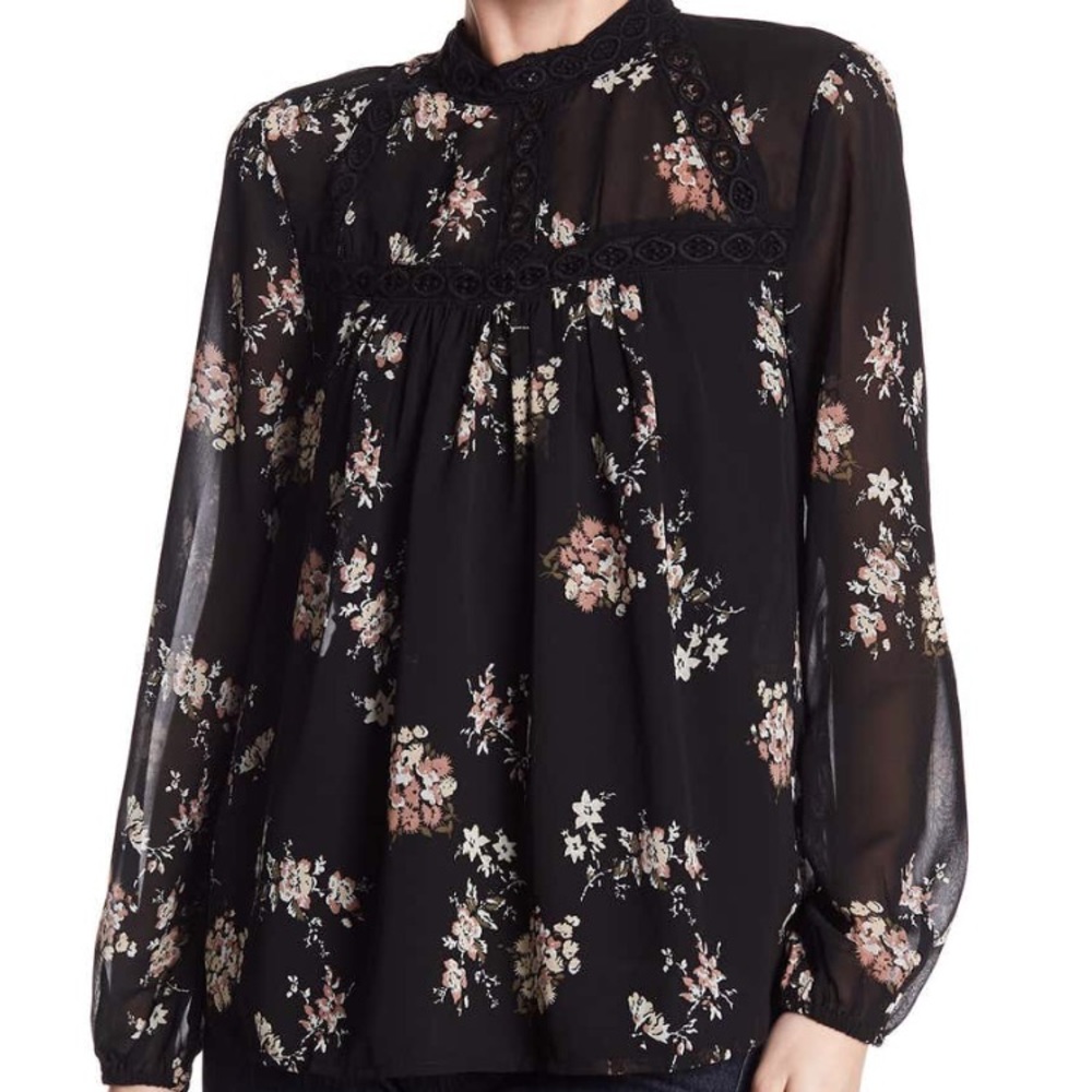 Lucky Brand Black Floral Long Sleeve Blouse